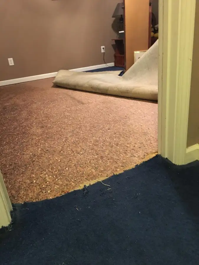 Carpet pad removal revealing water damage during Water Mitigation Services in Highgrove